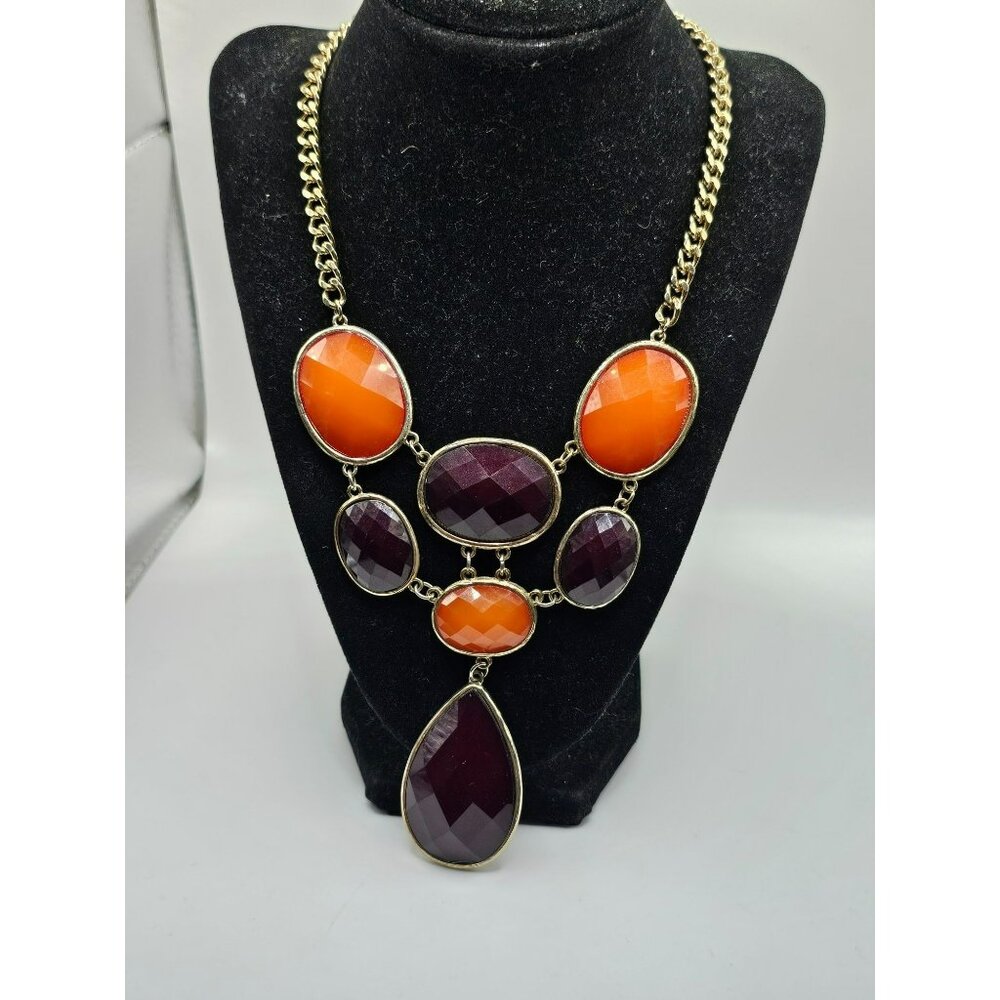 Vintage Avon Statement Necklace Orange & Purple Gemstones Gold-Tone Chain